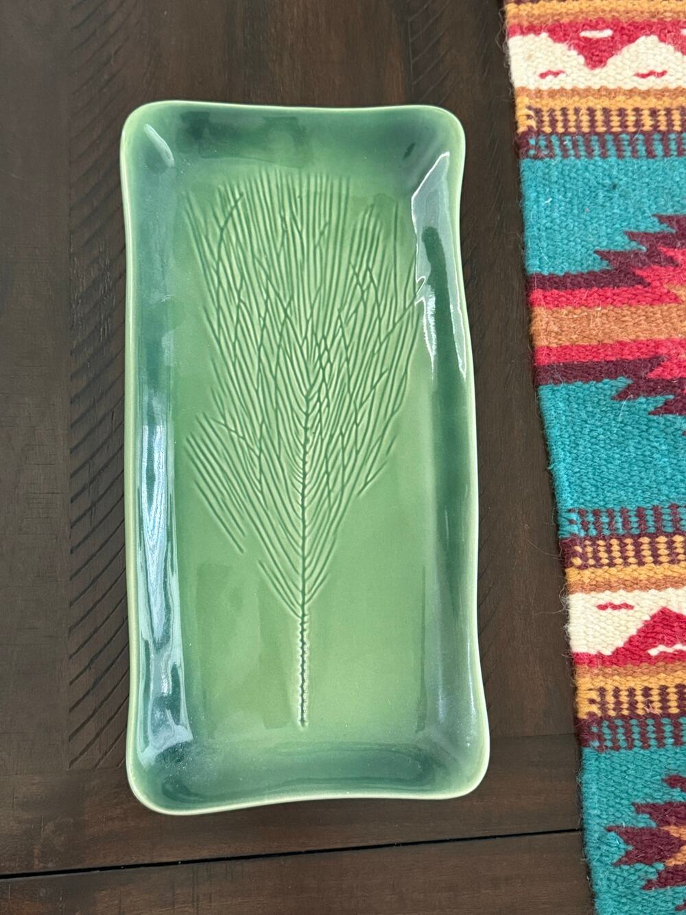 Vintage Kay Wayne Studio Pottery Green Pine Needle Serving Tray Signed Ceramic